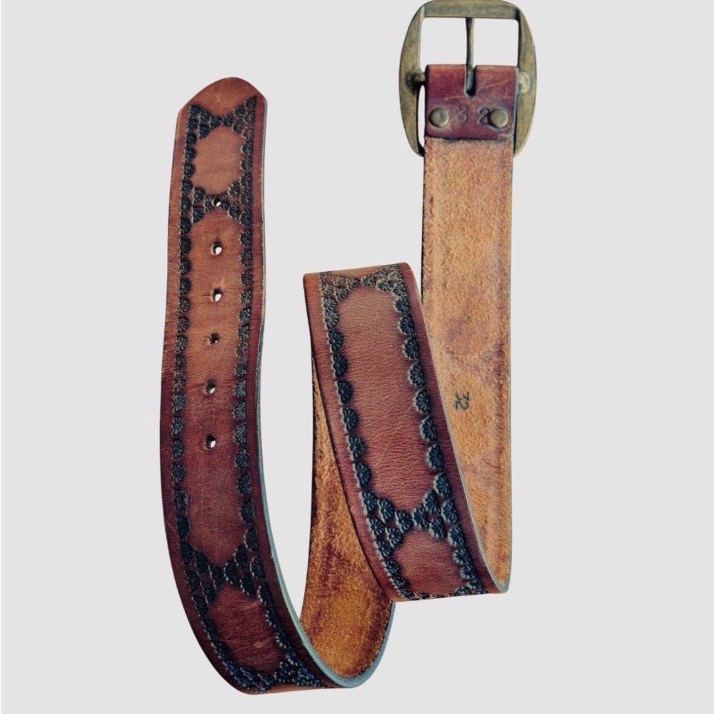 Vintage 90s Tooled Leather Belt Size 32 Western Boho - Picture 3 of 16